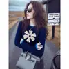 Suéter azul marinho floral estilo francês com bordas contrastantes para mulheres, nova coleção outono e inverno, top de malha de manga longa com gola redonda de alta qualidade