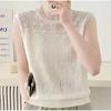 Suéter de cuello alto con encaje jacquard microtransparente y ahuecado para mujer, nuevo chaleco fino de verano con cuentas y cuello redondo de color liso