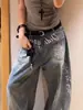 Calça Jeans Graffiti de Primavera e Outono para Homens e Mulheres, Marca Americana Ins da Moda High Street, Solta e Versátil, Desgastada, Calça Reta de Perna Larga Bonita