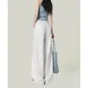 Elegantes jeans retro azules de pierna ancha para mujer, nuevos y modernos, de tiro alto, corte holgado, pantalones rectos ajustados con curva y caída fluida