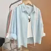 Para Mulheres Baixas, Peça 100% Algodão Lavado em PeçaNova Camisa Feminina Versátil Estilo Coreano de Manga Longa Cor Sólida em Algodão Slub