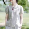 Camiseta de algodón y lino estilo chino retro para mujer, verano 2024, nueva camiseta informal holgada de manga corta