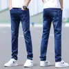 Jeans Finos de Verão para Homens, Marca Moderna Slim Fit, Elástico Perna Reta, Lavado Casual Calças Longas para Homens