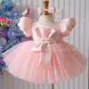 Vestido Princesa Infantil com Manga Bufante Cetim Branco Bordado à Mão Vestido de Baile para Festival Infantil Estilo Europeu/Americano Vestido para Primeiro Aniversário