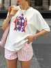 Camiseta de Manga Curta com Estampa de Sardinha em Desenho Animado, com Estilo Casual e Versátil, Adequada para Uso Diário no Verão e Atividades ao Ar Livre