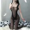 Kameixue Lencería Sexy de Entrepierna Abierta Uniforme Sin Quitarse Tentación de una Pieza Apasionado Medias Negras de Seda Broma Divertida 80854