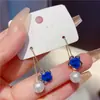Aretes Largos de Perla con Borla de Flor de Zircón Azul Dos Formas de Usar Adelgazantes Elegantes Versátiles Pendientes de Lujo Ligero