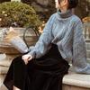 Suéter gris de cuello alto para mujer, suéter corto nuevo con trenzado, jersey holgado de manga larga abullonada, estilo perezoso, suéter dulce de estilo coreano