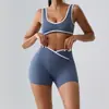 Shorts de yoga de cintura alta cruzados, shorts ajustados, sensación de piel desnuda, realce de glúteo tipo durazno, conjunto deportivo de sujetador deportivo con bloques de color