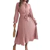 Amazon Transfronterizo Primavera y Otoño Nueva Ropa de Mujer Color Sólido Cuello Alto Manga Larga Cintura Plisada Ceñidor Elegante Vestido