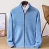 Outono e Inverno Novos Suéteres de Lã 100% Pura Importados de Outro País Cardigan de Lã Tricotado Grossa com Gola Lapela e Zíper Completo para Homens