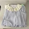 Pijama doble largo de encaje de algodón nube a cuadros amarillos, conjunto fino y amigable con la piel para casa para mujer en primavera y otoño