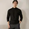 Camisa básica elegante preta de gola semi-alta para homens, algodão puro, gola média, manga longa, corte solto, camiseta masculina para primavera e outono