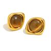 Pendientes Retro Elegantes Franceses Simples de Acero Inoxidable Chapado en Oro de 18 Quilates con Piedra Ojo de Tigre para Mujer, Venta Caliente Transfronteriza Europea y Americana