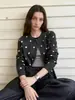 Cárdigan de punto vintage estilo francés con lunares grises oscuros y manga larga para mujer, nuevo suéter chaqueta top de cuello redondo para otoño y primavera