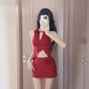 Traje de Baño de Dos Piezas Estilo Nuevo para Mujer, Cuello Halter de Flores Rojas, Top Tubo, Espalda Descubierta, Pecho Pequeño, Vacaciones en la Playa, Traje de Baño para Aguas Termales, Traje de Baño de Una Pieza Venta al por Mayor