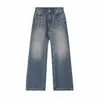 Jeans Lavados Personalizados Estilo Urbano Retro Americano de Tiro Alto con Diseño de Remaches, Pantalones de Pierna Ancha de Moda para Otoño