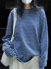 Camiseta Regular de Manga Curta com Blocos de Cor Azul e Branco Retrô, Listrada, para Mulheres, Nova Chegada da Primavera, Estilo Coreano Casual, Gola Redonda, Camada Base