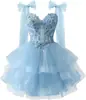 Vestidos de Baile de Graduación de Tul en Niveles con Apliques de Encaje Brillantes Correas de Moño Vestidos Cortos de Graduación para Adolescentes