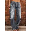 Comércio Exterior Transfronteiriço Calças Jeans Femininas Tendência Europeia e Americana Cintura Média Rasgadas Casuais Retas Fabricante Estoque Pronto Transfronteiriço