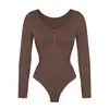 Mono de manga larga ajustado con cuello en V sin costuras para moldear el cuerpo, de gran elasticidad en la cintura y el abdomen, para mujer, con botones ocultos y estilo en T, súper vendido transfronterizo