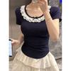 Nuevo Top Corto Chic de Verano para Mujer con Lazo y Encaje Cubre Vientre Aspecto Adelgazante Camiseta de Manga Corta Ins