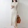 Vestido Largo de Punto Trenzado 100% Lana para Mujer, Cuello Redondo, Manga Larga, Jersey, Casual, Versátil Vestido de Cachemira de Corte A