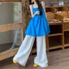 Camisola Azul Estilo Resort para Mulheres, Cropped Floral Sem Mangas de Verão, Corte Evasê Soltinho, Peça Casual Emagrecedora