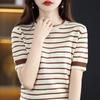 Suéter calado de hilo de algodón 100% a rayas para mujer, manga corta, nuevo primavera-verano 2024, sencillo, cuello redondo, manga media, camisa básica