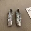 Zapatos de Mujer Mary Jane Plateados con Tira Cruzada, Tacón Grueso, Punta Cuadrada 2023 Nuevo Primavera Mocasines Planos Suaves