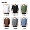 Novas Camisetas de Algodão Puro com Manga Longa e Decote V Outono e Inverno Masculinas Finas Camisetas Básicas Roupas Íntimas com Corte Justo e Versáteis