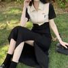 Vestido Preto Estilo Hepburn Francês com Recorte, Look Emagrecedor na Cintura, Fenda, Comprimento Médio, Minissaia, Falso Duas Peças