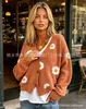 Cárdigan de punto transfronterizo para mujer, nuevo estilo de otoño, suéter abrigo holgado con cuello en V y estampado floral, top de manga larga estilo europeo y americano
