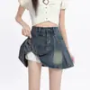 Falda corta de mezclilla de color claro para mujer, falda midi de línea A, talla grande para figuras curvilíneas y petite, falda plisada fina de cintura alta para primavera, adelgazante