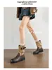 Aumento de 7 cm ~ Botines Cortos de Bloques de Color Retro Melaleuca para Mujer Hebilla de Cuero Tacón Grueso Botas de Caballero Occidentales Botas Arrugadas Apiladas