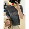 XFYSTYLE_Patrón de Dibujos Animados Lino Tencel Manga Corta Tejido Superior Mujer Verano Cuello Redondo Holgado Casual Versátil Superior
