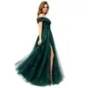 Vestido de noche de malla verde oscuro sin hombros para mujer, con abertura, adelgazante, falda larga, adecuado para banquetes, anfitrionas, exámenes de arte y vestidos de gala