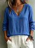 Top casual de algodón y lino de manga larga, holgado y a la moda, para mujer, nuevo estilo europeo y americano, Amazon, cuello en V, primavera-verano 2026