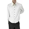 Camisa Listrada Branca com Colarinho Pontudo para Homem, Primavera e Outono, High-End, Luxo Leve, Versátil, Casual, Manga Longa