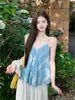 Camisola Azul Floral con Cuentas para Mujer, Estilo Fresco de Vacaciones de Verano, Top Holgado Relajado sin Espalda, Moderno