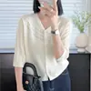 Cárdigan de punto hueco con cuello en V y manga media para mujer, nuevo estilo de verano, fino, holgado, adelgazante, top elegante para aire acondicionado