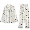 [Fabricante Atacadista] Roupa de Casa de Algodão Nuvem Plus Size, Design de Cachorrinho Cartoon, Conjunto de Pijama de Manga Longa para Primavera/Outono para Mulheres (Dois pedaços)