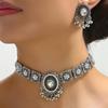 Moda Europea y Americana Retro Redonda Bola Borla Diamante Flash Flor Collar Pendientes Collar Geométrico Plata Antigua Traje de Joyería para Mujer