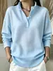 Blusa de Manga Longa com Gola Alta em Tricô Waffle e Botões para Mulheres, Outono Loose Pulôver com Gola Henley Casual Atacado de Roupas Femininas Transfronteiriças