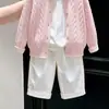 Ropa infantil coreana 2026 colección otoño/invierno nueva: cárdigan de punto trenzado rosa, suéter para niños y pantalones de pierna recta, un conjunto de dos piezas