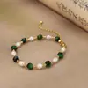 Pulsera de joyería de perla de agua dulce natural y malaquita para niñas, pulsera simple de lujo ligero, tobillera versátil y a la moda