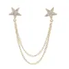 Broche de estrela com corrente dupla cravejada de diamantes transfronteiriço, pin de lapela de pentagrama com franja unissex, acessório de terno