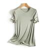 Camiseta de manga corta para mujer, color liso, fresca, sedosa, antiarrugas, de acetato de tres Ling, cuello redondo, cuello en V, manga corta para mujer