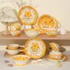 Conjunto Fofo Estilo Creme Cor Esmalte Abaixo Desenho Animado Urso Cerâmico Prato e Tigela Conjunto de Louças Combinação Doméstica Tigela de Arroz Sopa Prato de Peixe