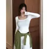 Ropa de Mujer de Comercio Exterior Camiseta Coreana Dongdaemun de Manga Larga Cuadrada para Mujer Otoño Corta Ajustada Cuello Amplio Camiseta Interior Superior
